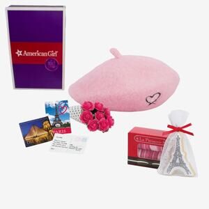 American Girl Grace Doll Welcome Gifts Pink Beret Flowers Post Cards Maroons Box
